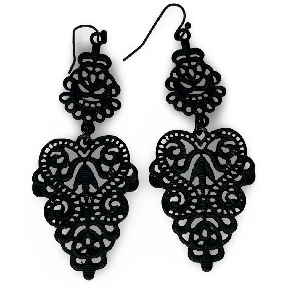 Black Metal Filigree Dangling Earrings